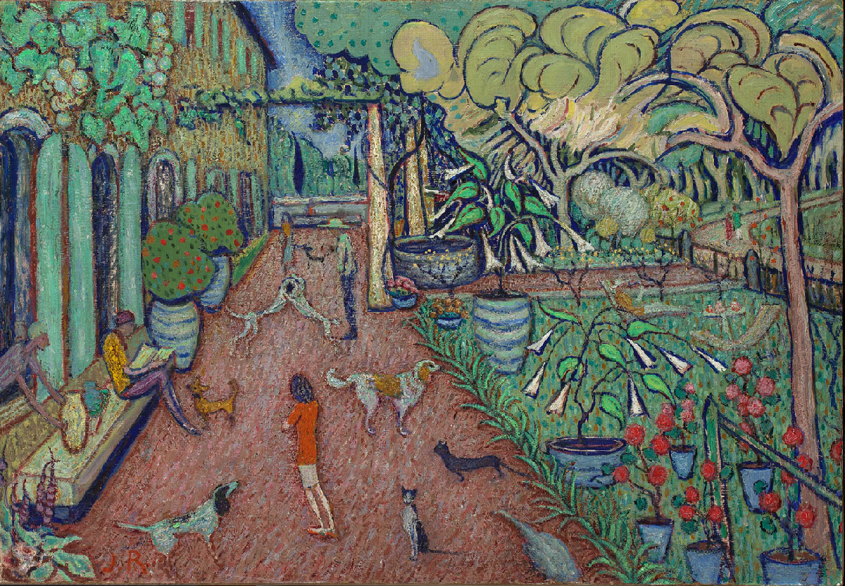 Juliette Roche (Paris, 1884 – Saint-Rémy-de-Provence, 1980)<br />
<em>Le Jardin des Méjades à Saint-Rémy-de-Provence</em>, vers 1945-1950<br />
Huile sur carton<br />
Don de la Fondation Albert Gleizes. Inv. ME.2023.1.10 </p>
<p>De son mas des Méjades, Juliette Roche livre ici une vision heureuse, imprégnée du souvenir de Van Gogh. Dans un tourbillon de touches multicolores, chats et chiens se mêlent aux humains dans une joyeuse promiscuité. Défenseuse de la cause animale et adepte du végétarisme, Juliette Roche célèbre ici une nature exubérante, nettement moins domestiquée que celle des jardins plus inquiétants de ses années nabi. </p>
<p>Crédits : Juliette Roche, Le jardin des Méjades à Saint-Rémy-de-Provence - © Musée Estrine, cliché Fabrice Lepeltier - Adagp, Paris 2024