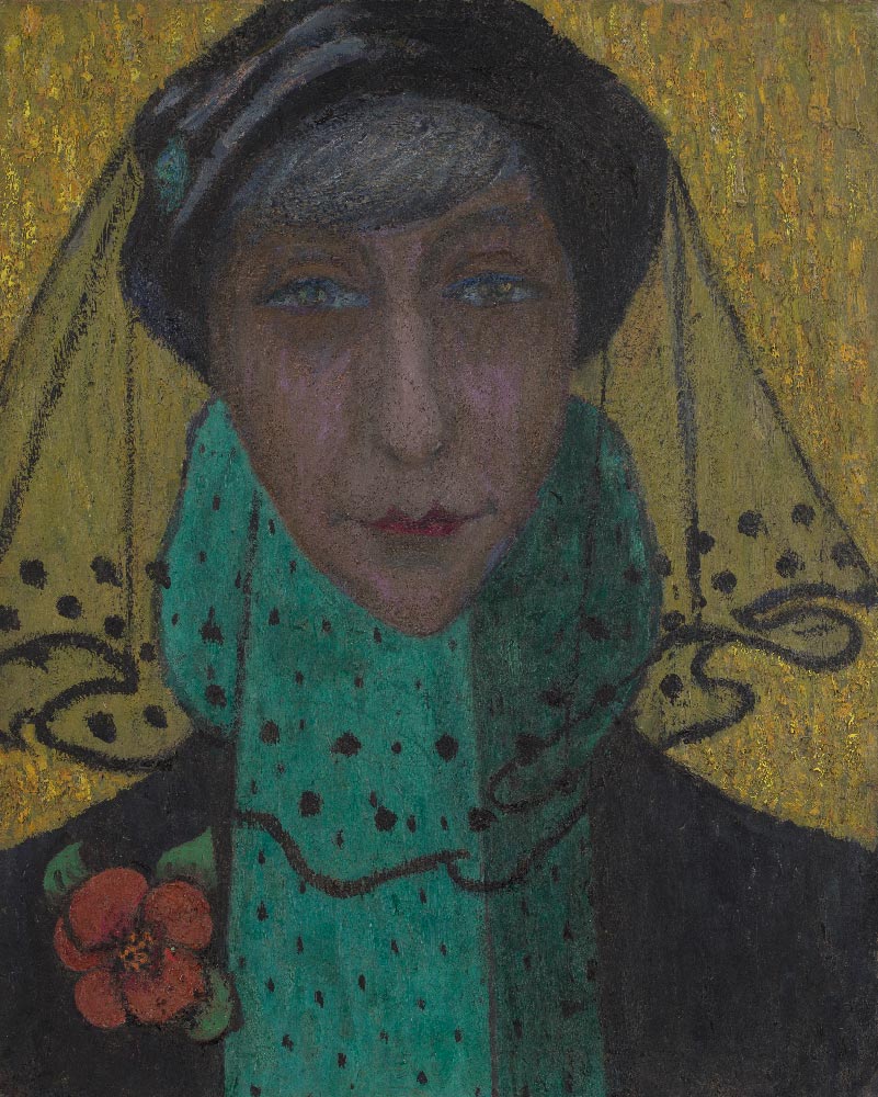 Juliette-Roche-Autoportrait-a-la-voilette-ME.2023.1.6-©-Ainu-Photo-Augustin-de-Valence-Adagp-Paris-2023 Juliette Roche (Paris, 1884 – Saint-Rémy-de-Provence, 1980) Self-portrait with a veil, circa 1953 Oil on cardboard Donation from the Albert Gleizes Foundation Inv. ME.2023.1.6 In this final self-portrait, Juliette Roche portrays herself mourning her husband, Albert Gleizes. Under the circumstances, the bright yellow background, which highlights the elegant transparent veil, amazes. Staring directly at the viewer, Roche always seems to show, despite the age, that «so piquant irony» that a critic had detected in his work from its Parisian beginnings. Credit: Juliette Roche, Autoportrait à la voilette © Aïnu - Photo Augustin de Valence - Adagp, Paris 2023