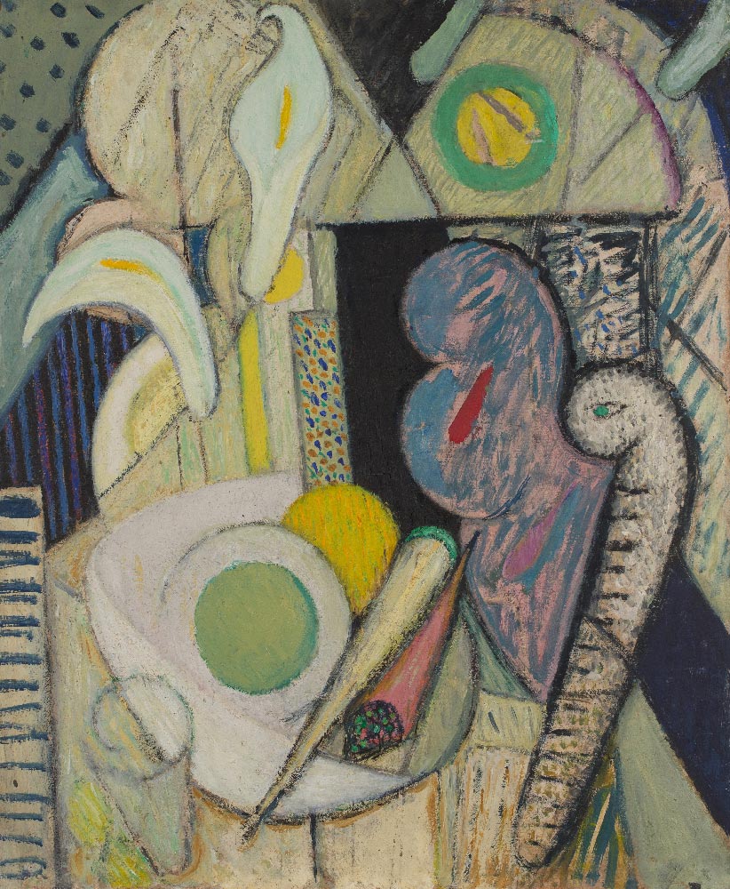 Juliette-Roche-Nature-morte-aux-lys-ME.2023.1.7-©-Ainu-Photo-Augustin-de-Valence-Adagp-Paris-2023 Juliette Roche (Paris, 1884 – Saint-Rémy-de-Provence, 1980) Still life with lilies, circa 1920-1930 Oil on wood chipboard Donation from the Albert Gleizes Foundation Inv. ME.2023.1.7 On her return from New York, Juliette Roche devoted herself mainly to still life. These works, of which this one is part, are characterized by a decorative exuberance already begun in Barcelona and New York. The bouquet of flowers stands out on superimpositions of various objects that saturate the entire space where a constant horror of emptiness manifests itself. Realistic or subject to sudden geometries, the elements are brought back to the vertical plane of the canvas in an ultimate ornamental resurgence of cubism. Credit: Juliette Roche, Nature mort aux lys © Aïnu - Photo Augustin de Valence - Adagp, Paris 2023